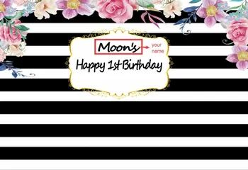 

VinylBDS Happy Birthday 1st Baby Shower Backdrop Black And White Stripes Background For Photography Custom Children Backdrop