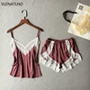 VLENATLNO Women's Sleepwear Sexy Satin Pajama Set White Lace V-Neck Pyjamas Sleeveless Cute Cami Top and Shorts ► Photo 1/6