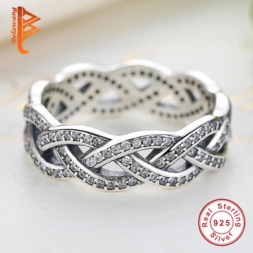 Belawang Аутентичные стерлингового серебра 925 сверкающие Плетеный скрученный проложить серебряные кольца для женщин Свадебные Роскошные ювелирные изделия Anillos