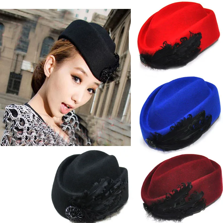 2013 New Fashion Air Hostess Hats Winter Europe America retro feather