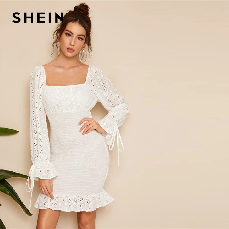 SHEIN Оригинальное Платье В Стиле 80-х С Квадратным Вырезом, Легкое Летнее Облегающее Платье С Ажурными Рукавами