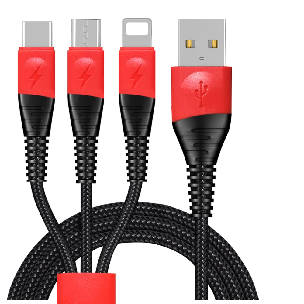 

Two-color Black + Red 3-in-1 USB Cable for Iphone Micro USB Type C 2.4A Cable for IPhone X Xiaomi Samsung S9 Fast Charging Cable