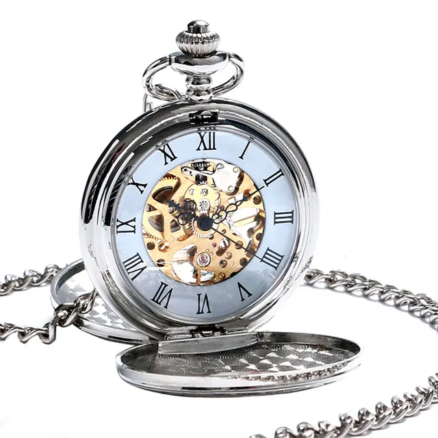 skeleton pocket watch mechanical movement hand wind roman numerals