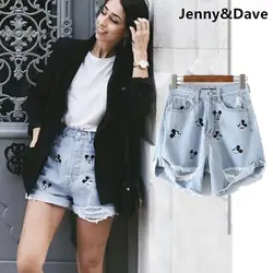 Jenny & Dave/летние винтажные шорты для женщин, высокая уличная вышивка Микки и бантом, джинсовые шорты для мам с высокой талией, большие размеры