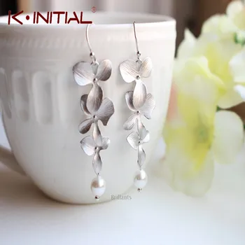 

Kinitial Hot Sale Statement Orchid Flower and Pearl Drop earrings in silver Earring for Women Pearl Jewelry Earrings femme 2019
