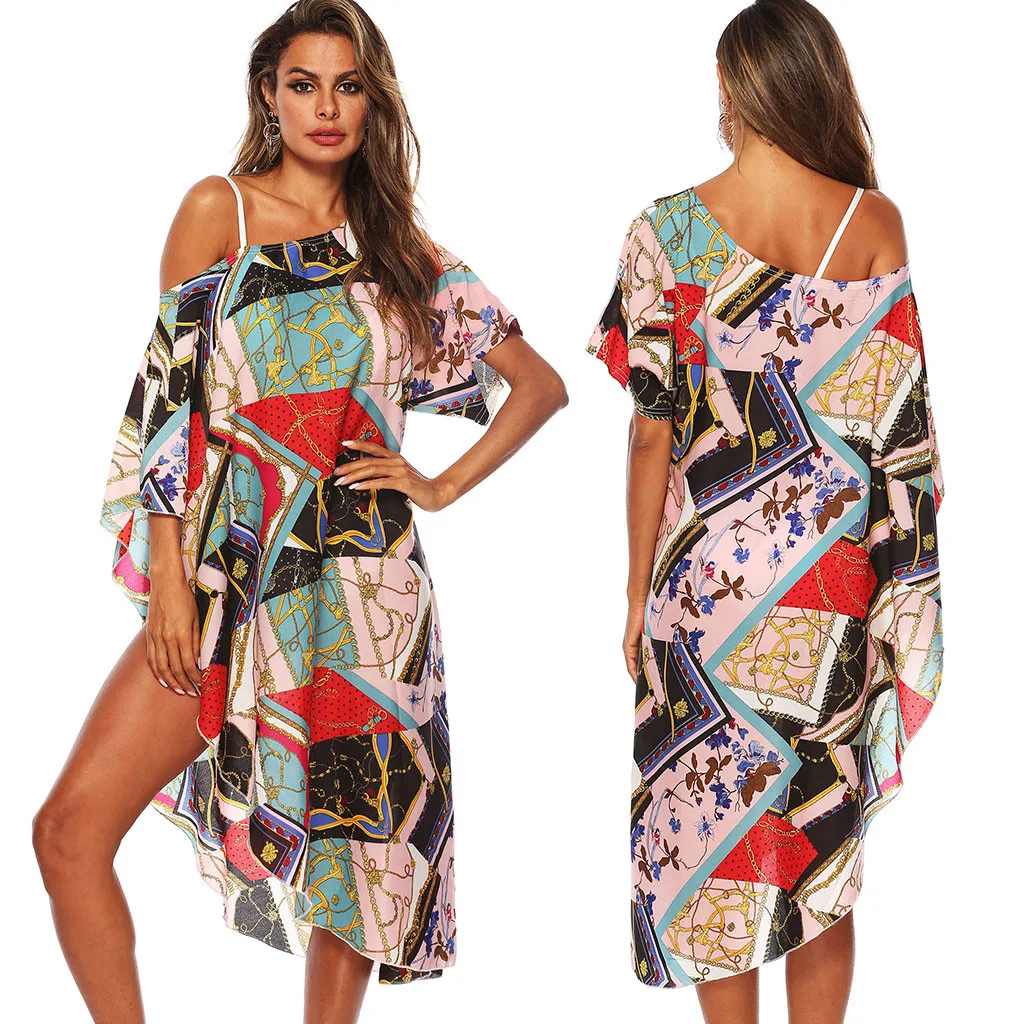 

Women retro-printed irregular collar-shoulder dress, beach bikini blouse Fashion Print Swimsuit Cover Up Sexy new Fashion A30418