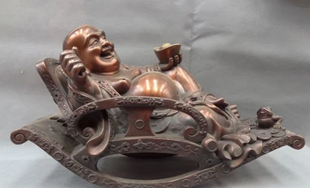 

USPS to USA S1694 19" Chinese Pure Bronze Buddhism YuanBao Coin Happy Maitreya Buddha Toad Statue