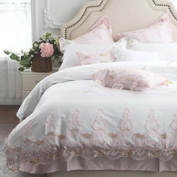 

60S Egyptian cotton Luxury White Princess Girl Bedding set Pink Lace Duvet Cover Bed Sheet/Linen Pillowcases Queen King 4/7pcs