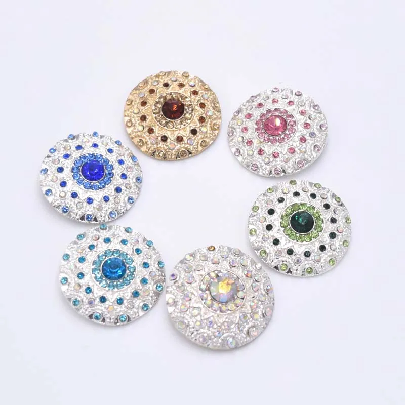 

20pcs 28mm Round shape Rhinestone Metal Button Sew on Wedding Decorative clothing Applique Evening dress Gold Silver Base HK-96