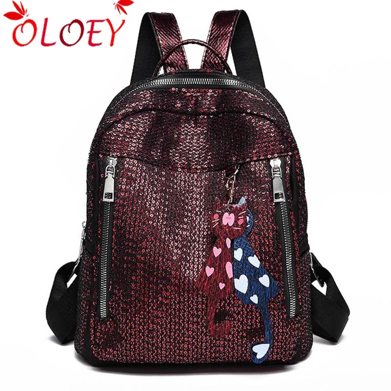

Backpack 2019 New sequins Fashion Cat Pendant Backpack Youth Girl Book Backpack quality Summer Casual Wild Travel Bag Black