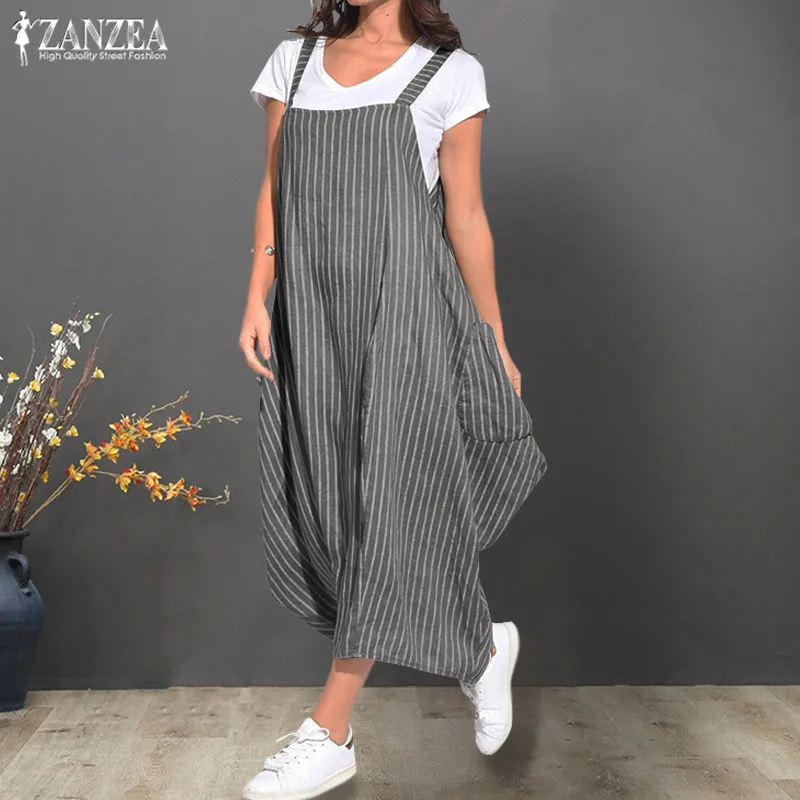 Plus Size Striped Overalls Dress Women's Summer Dresses ZANZEA Tank Vestidos Female Strappy Robe Femme Suspenders Vestido