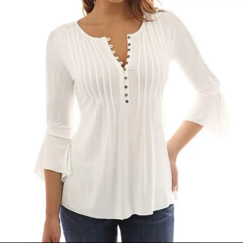 

Hot Women Ruffle 3/4 Sleeve T-shirt V-Neck Solid Buttons Casual Slim Fit Autumn Spring Basic Tops MSK66