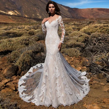 

Mermaid Wedding Dresses Lace Appliques Long Sleeves V Neck Court Train Illusion Wedding Bridal Gown Vestido De Noiva Custom Made