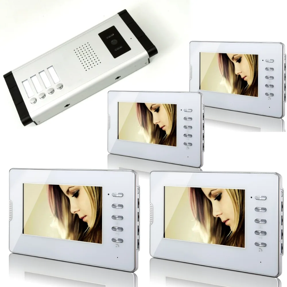 

SmartYIBA Wired 7 inch Monitor Video Door Phone Doorbell Intercom System for 4 Units Apartment Intercom Entry Kit With 4 Monitor