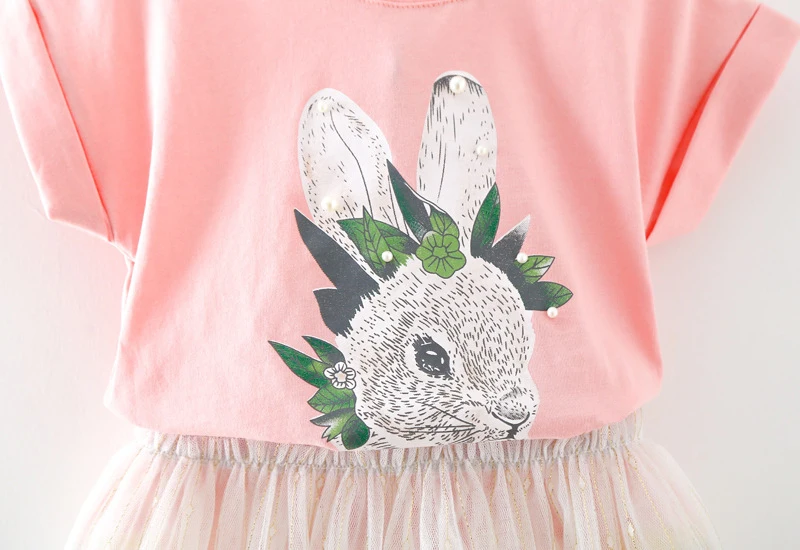 Sodawn Summer Brand Fashion Girls Clothes Cartoon Rabbit T-shirt+ Mesh Dress 2pcs Cute Children Clohting Baby Clothing