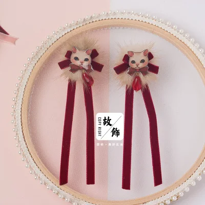 Принцесса Сладкая Лолита японские серьги-кошки коллекция мягкая сестра розовый мех норки шар любовь ленты серьги руки зажим для уха GSH140 - Цвет: Ear Studs