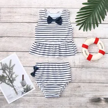 Дети купальники лето малыш для маленьких девочек лук купальник в полоску ванный комплект бикини комплект из 2 предметов купальники бикини для ванной костюм T9