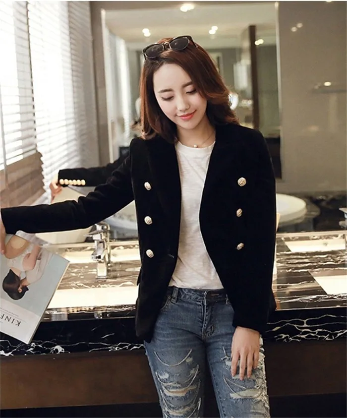 2016 New Spring Fashion Women Midnight Navy Slim Velvet Blazer Jacket Double Breasted simple Lady Blazers (8)