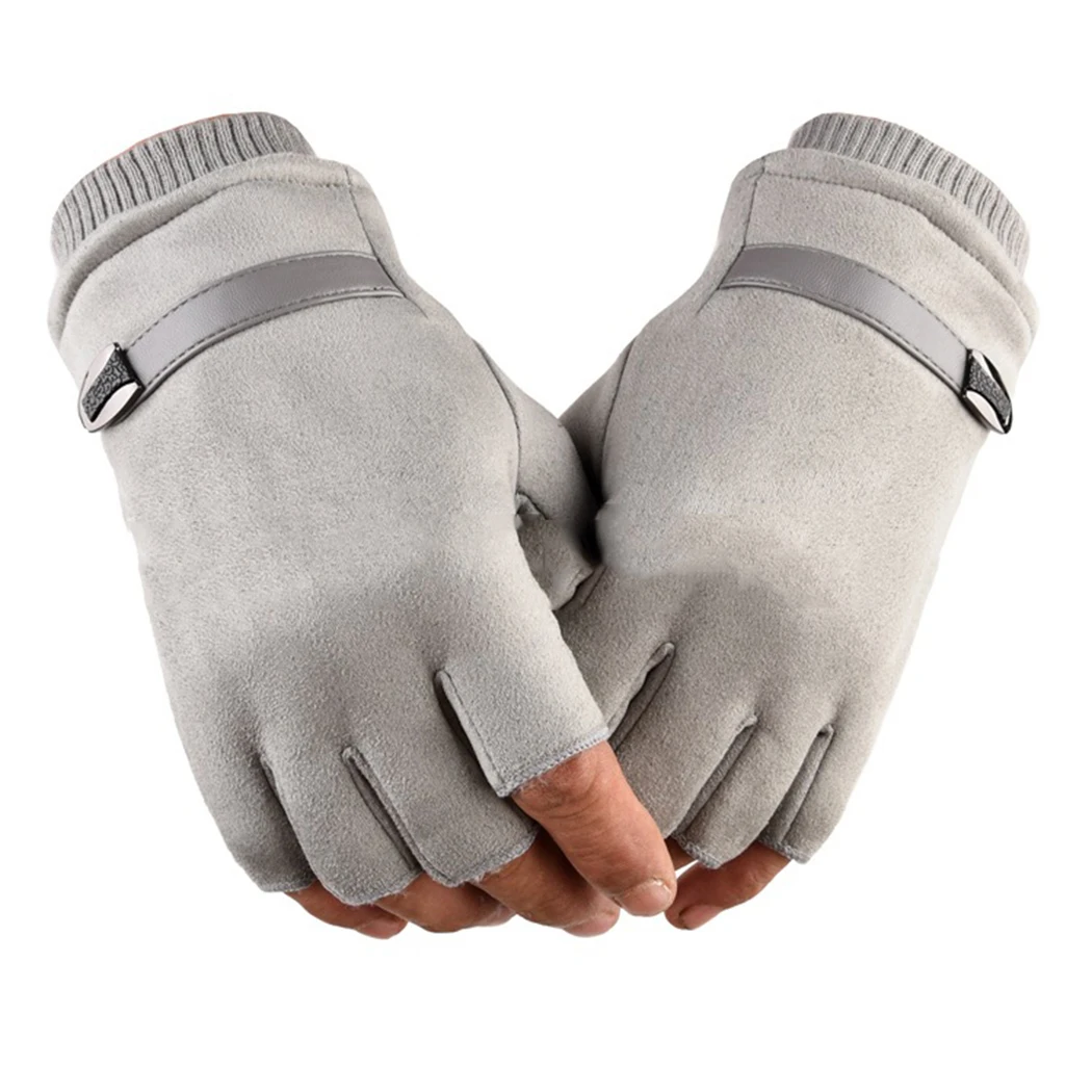 Зимние теплые рабочие перчатки для вождения и велоспорта, мужские замшевые кожаные перчатки без пальцев, эластичные для использования на открытом воздухе рукоятка, велосипедные перчатки, варежки - Цвет: Light Gray
