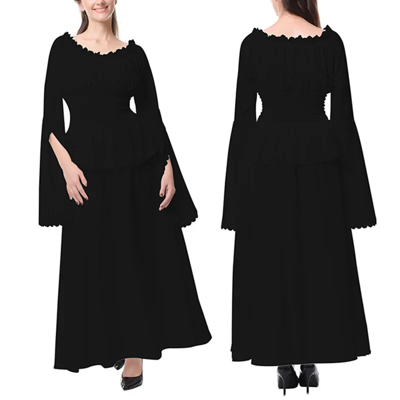 

Womens Dress Ladies Evening Summer Long Vintage Fashion Boat Neck Maxi Cosplay Plain Medieval Renaissance Gothic