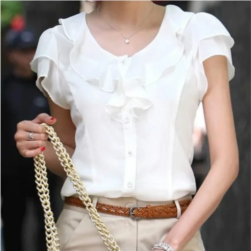 

Summer Fashion Women Chiffon Blouses Formal Shirts Short Sleeve Butterfly Sleeve Lady Blouses
