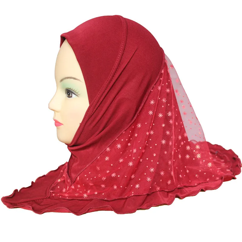 Мусульманский хиджаб для детей, исламский шарф в арабском стиле, мягкие и тянущиеся шали с красивым кружевом, снежный узор, для девочек 3-7 лет