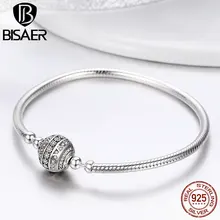 BISAER, подлинные, 925 пробы, серебряные, прозрачные, CZ, круглая застежка, Femme, змеиная цепь, браслеты для женщин, серебряные ювелирные изделия, Pulseira GXB062