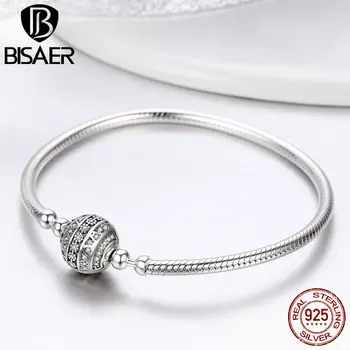 

BISAER Authentic 925 Sterling Silver Clear CZ Round Clasp Femme Snake Chain Bracelets for Women Silver Jewelry Pulseira GXB062
