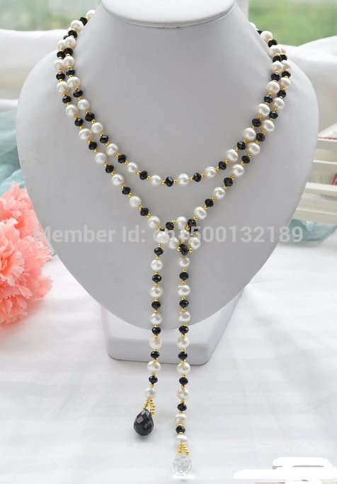 

j00513 50" 9mm white round freshwater pearl black faceted agate bead necklace (C0309)