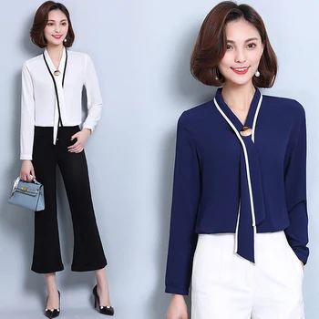 

Long Sleeve V-neck Big Size Women's Shirts Top Female Elegant Temperament Chiffon Blouse Brief Fashion Wild Camisas Mujer