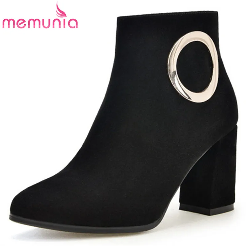 

MEMUNIA Cow suede high quality womens boots spring autumn fashion high heels shoes woman ankle boots zipper solid