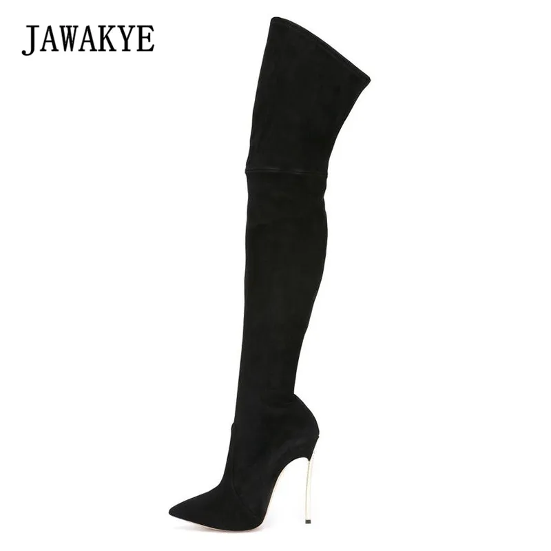 

JAWAKYE Sexy Black Suede Elastic Thigh high Boots Women Sexy Point toe Stiletto Metal Thin High Heels Over The Knee Long Botas