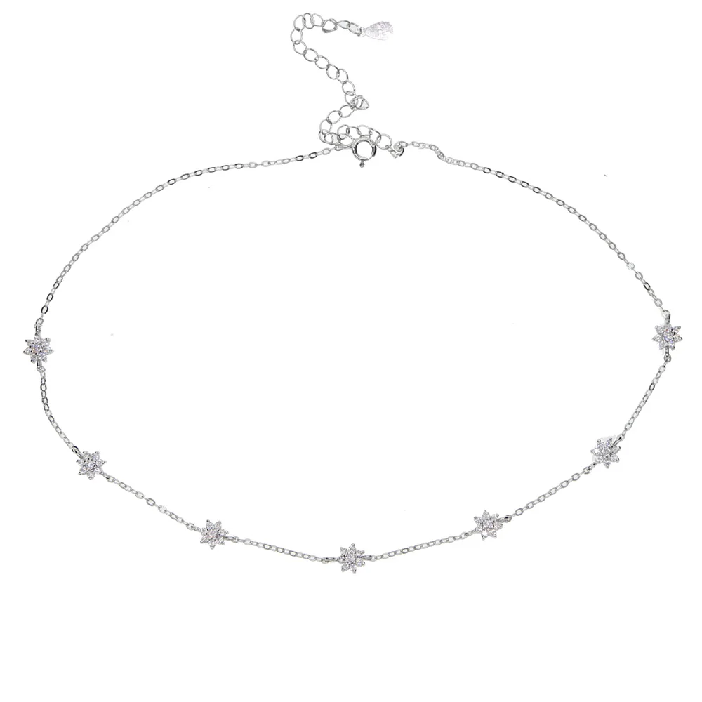 

Viennois New Light Gold color Plated Long Chain Necklace Multiple cz Flowers Charm Pendants 925 silver Necklaces For Women Girls