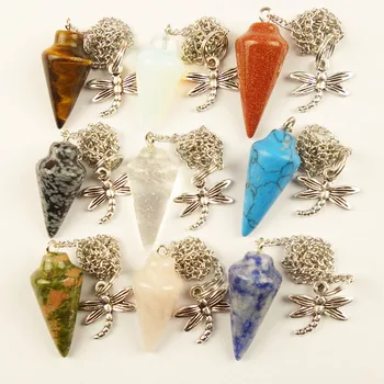 

9Pcs 30x15mm Mixed Stone Pendulum & Tibet Silver Dragonfly Pendant Bead Dw007