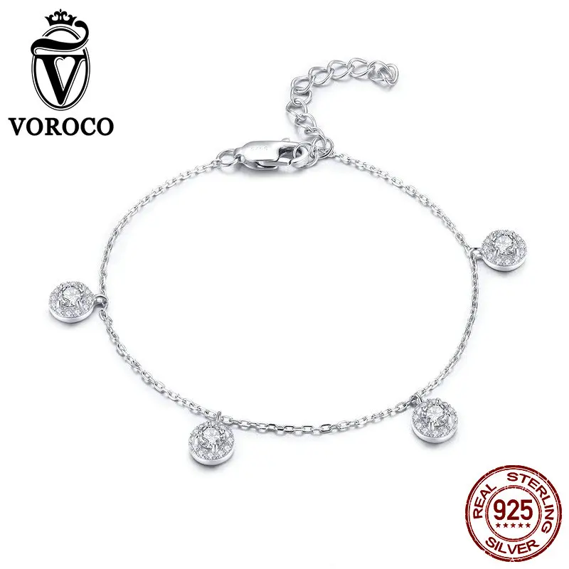 

VOROCO Real 100% 925 Sterling Silver Round Clear Crystal Glitter Bracelets Cubic Zirconia Link Chain Party Fine Jewelry BKB100