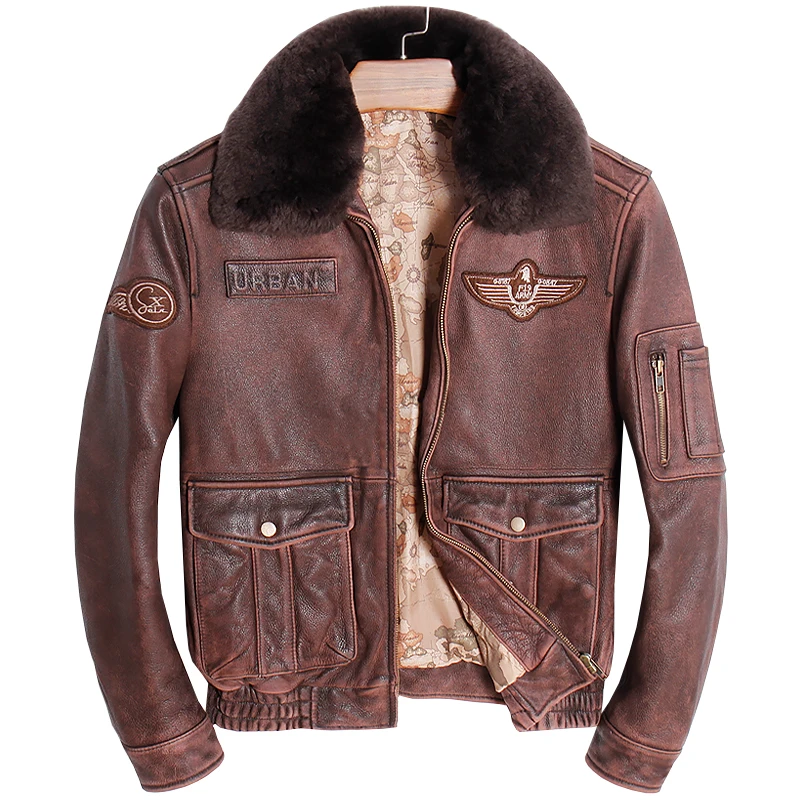 

HARLEY DAMSON Vintage Brown Men Pilot Leather Jacket Wool Collar Plus Size 3XL Genuine Cowhide Russian Flight Leather Coat