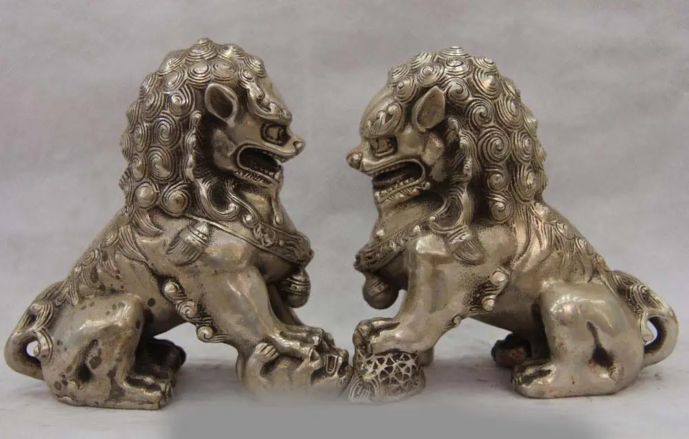 

6 China White Copper Silver Fengshui Guardian Door Foo Fu Dog Lion Statue Pair