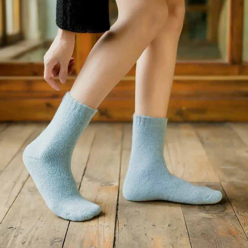 Women Ladies Wool Cashmere Thick Warm Soft Solid Cotton Casual Socks Winter Black Blue Pinkin