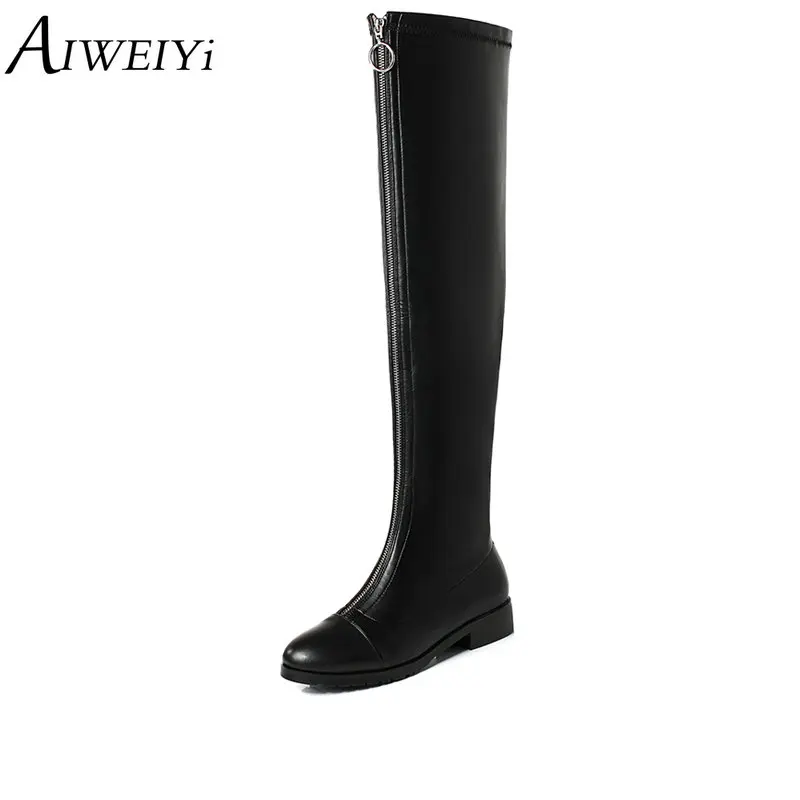 

AIWEIYi Sexy Black Over The Knee Boots Women Round Toe Genuine Leather Long Zipper Platform Low Heels Thigh High Boots