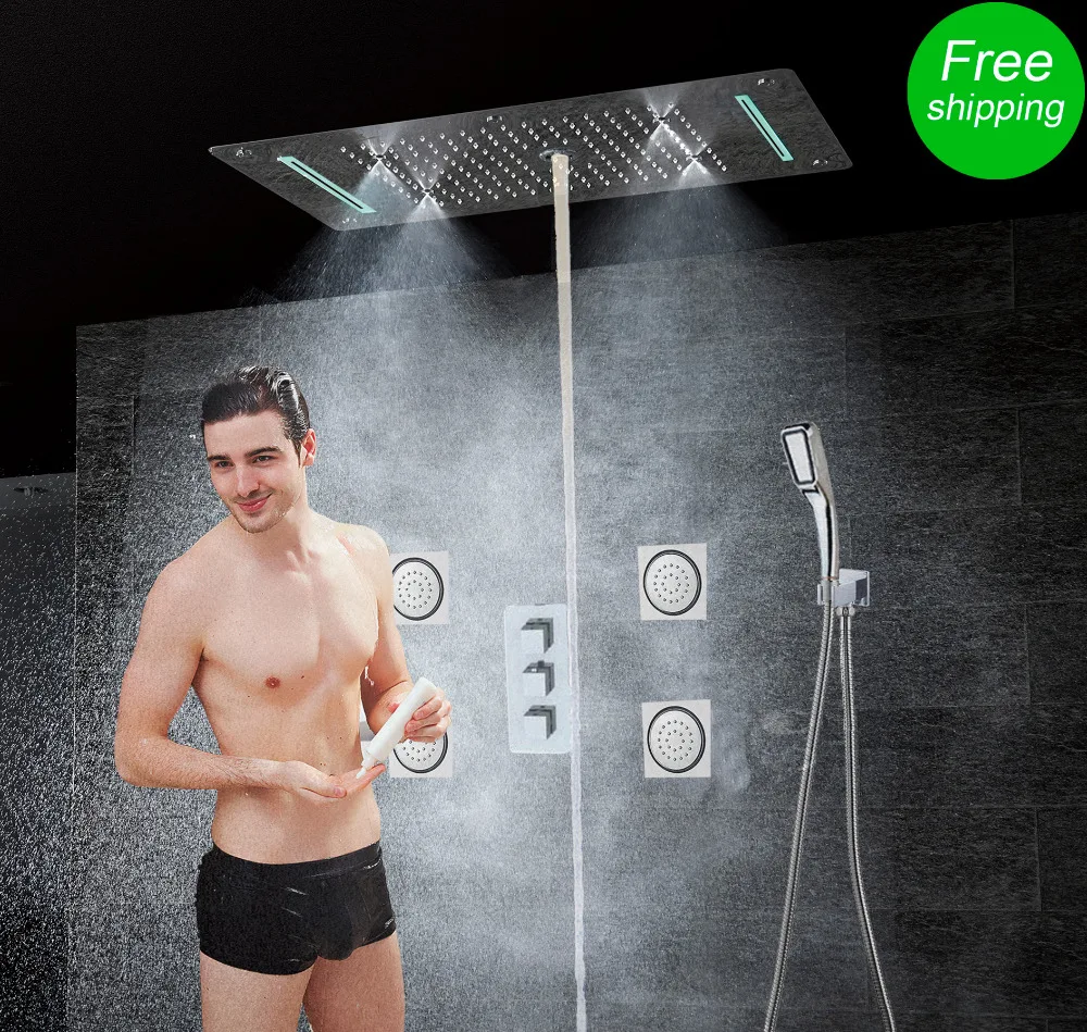 Bath Concealed Shower Set Faucet Panel Tap Thermostatic Mixer Valve LED Ceiling Shower Head Rain Waterfall Bubble Mist CF5422