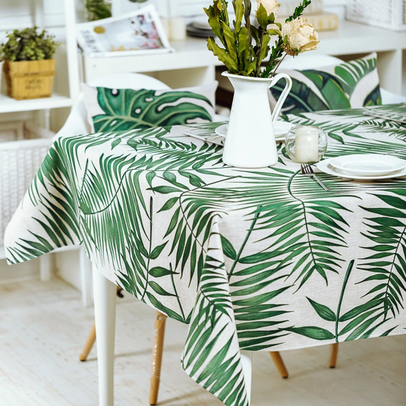Fresh Plant Green leaves Table Cloth Thick Linen Customize Dining
