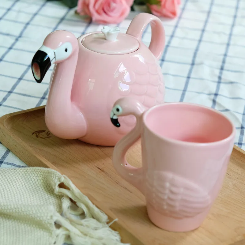 3D животное Птица Фламинго чайные горшки супер красота Ins девушка розовый керамический Милая кофейная кружка с изображениями животных чайный горшочек, чашка Рождественский подарок