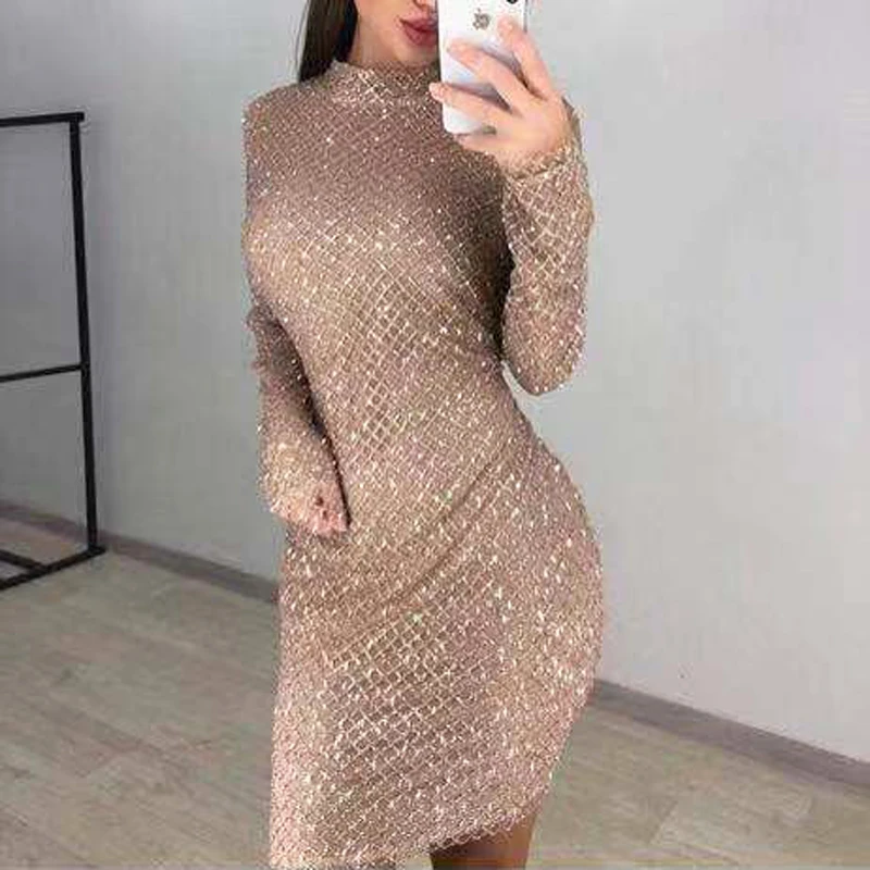 

Glitered Short Party Dress Full Sleeved Bodycon Mini Dresses O Neck Plaid Glitters Sexy Evening Party Dress Full Length Lining