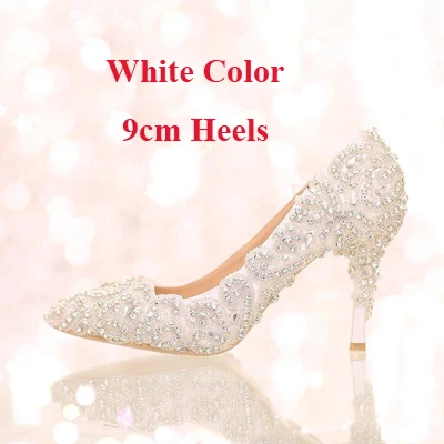 Свадебные туфли со стразами; Индивидуальный заказ высокое туфли-лодочки на каблуке Свадебная обувь женские вечерние туфли-лодочки для вечеринок острый носок, обувь для невесты - Цвет: White 9cm Heels