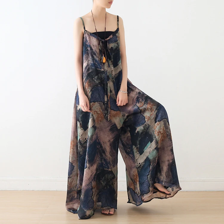 

2019 summer floral chiffon printed women bohemian long jumpsuit Casual summer spaghetti strap romper wide leg playsuit overalls
