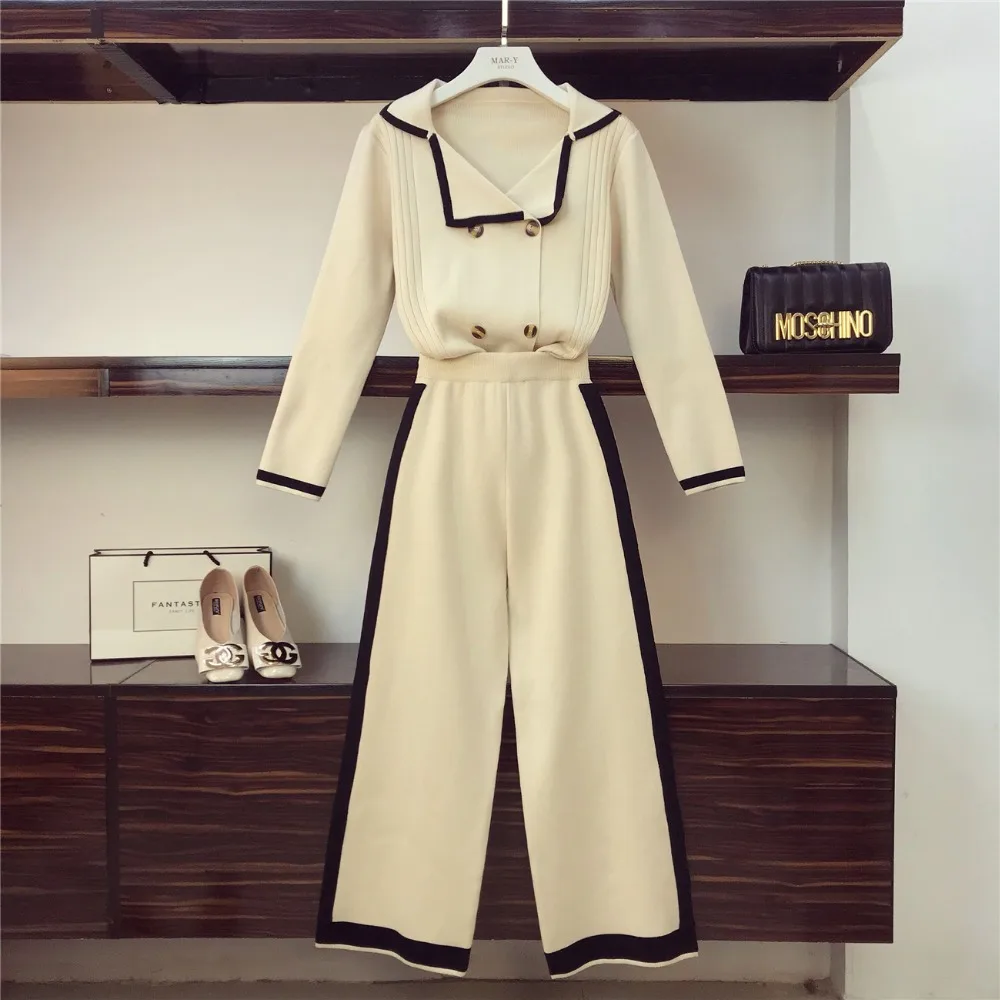 

Oshangchaopin Women Fashion Casual Knitted Wide Leg Pant+Jumper Tops Sets Trouser Sweater Suit Two-piece Set Costumes For Female