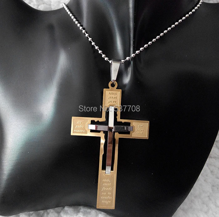 AMORUI Men's Stainless Steel Jesus Cross Statement Pendant Necklace Jewelry Gold +Silver Pray Words Necklaces Pendants for Women