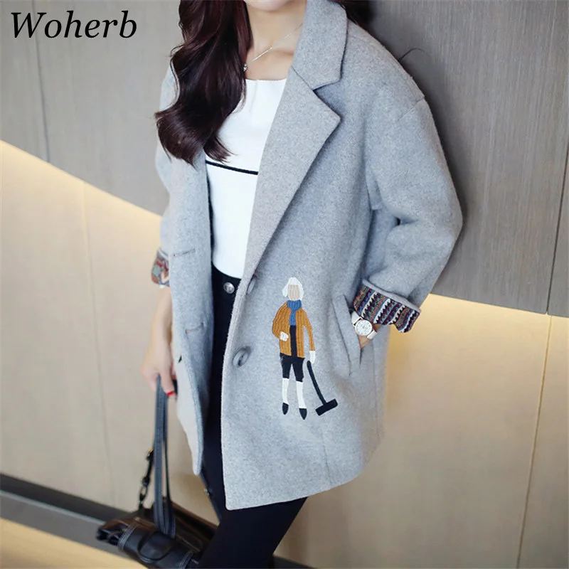 

Woherb Harajuku Winter Jacket Kawaii Embroidery Vintage Coat Women Wool Jumper Loose Cartoon Coats 2019 Female Overcoat 20398