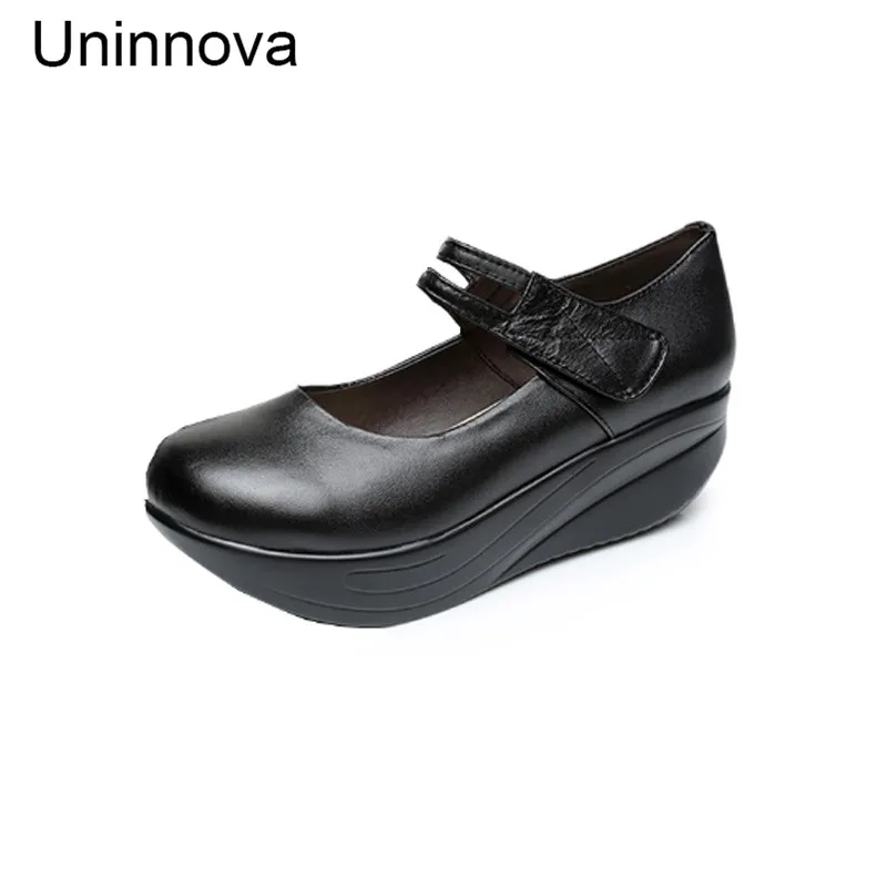 

Uninnova Women's Med Heel Mom's Wedge Platform Pumps Comfortable Genuine Leather Mothers's Shoes Extral Plus Size 43 WP099