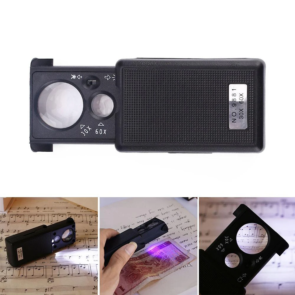 

Pocket LED Magnifying Glass Jewellery Magnifier Microscope 30X 60X Portable Slide Out Loupe UV Light Tweeze